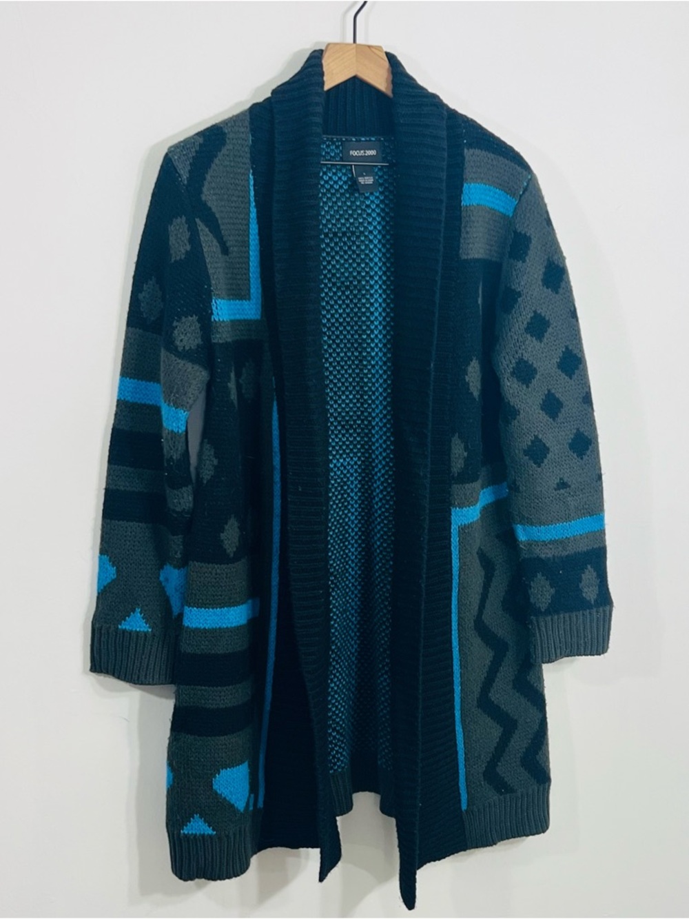 Focus 2000 Long Sleeve Open Thick Knit Cardigan Sweater Funky Fun Patterns Sz L